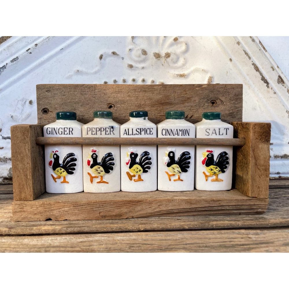 Vintage Spice Rack With Spice Jars Rooster Chicken Farmhouse - Picture 12 of 16